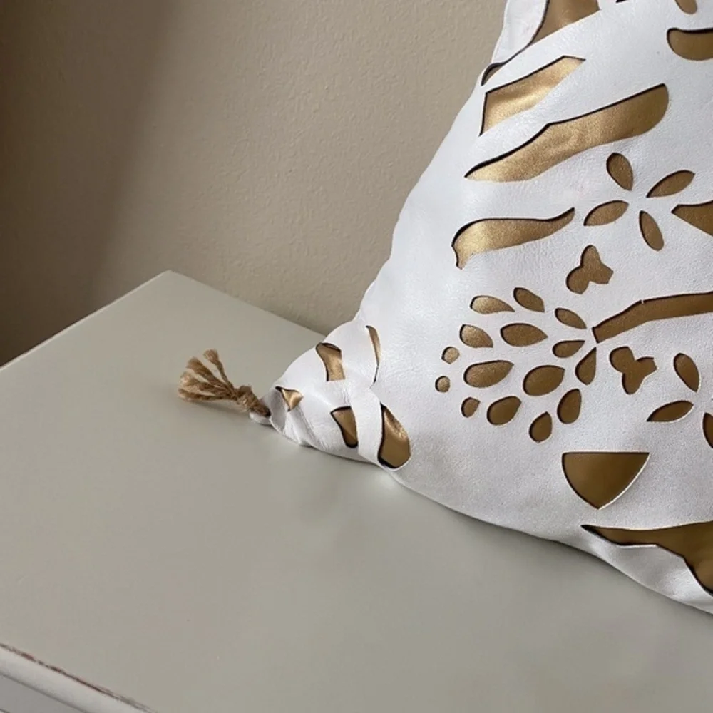 Anthropologie White Leather Gold Inlay Pillow